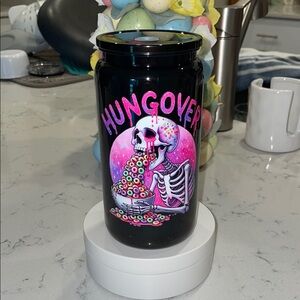 Black plastic cup with lid and straw